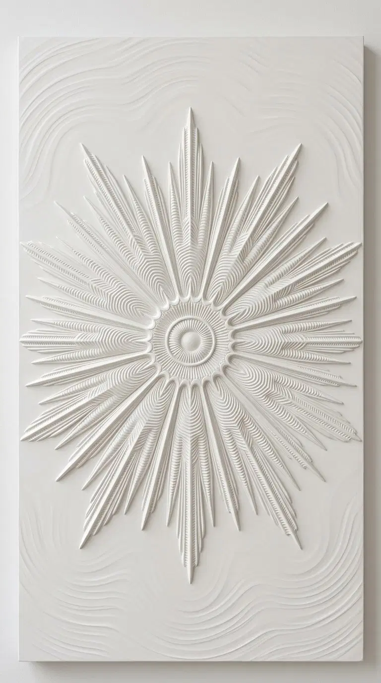 Minimalist white textured wall art featuring an abstract sunburst design