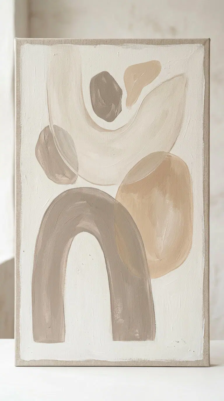 Abstract muted color art print with beige and taupe organic shapes on canvas