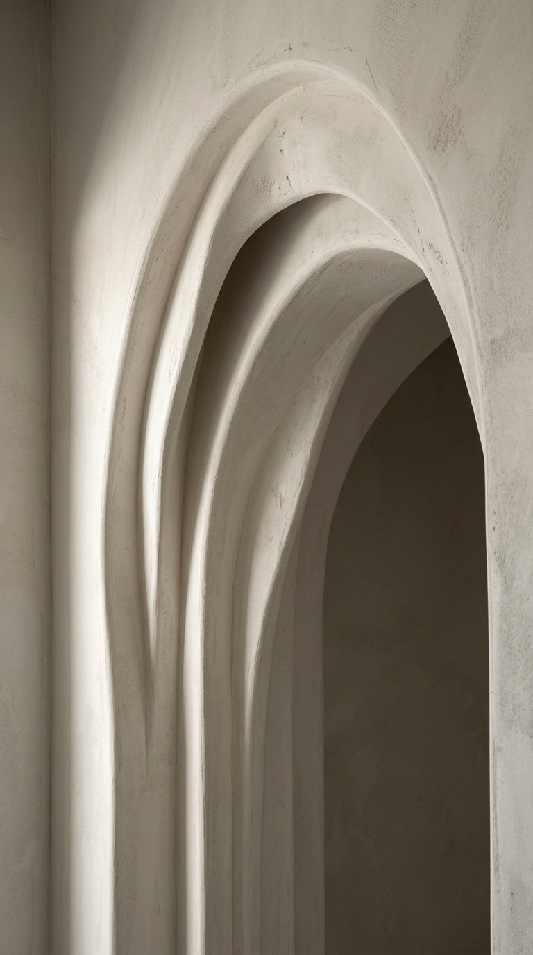 Close-up of an architectural detail showing a smooth, layered arch with soft, muted neutral colors and gentle shadows