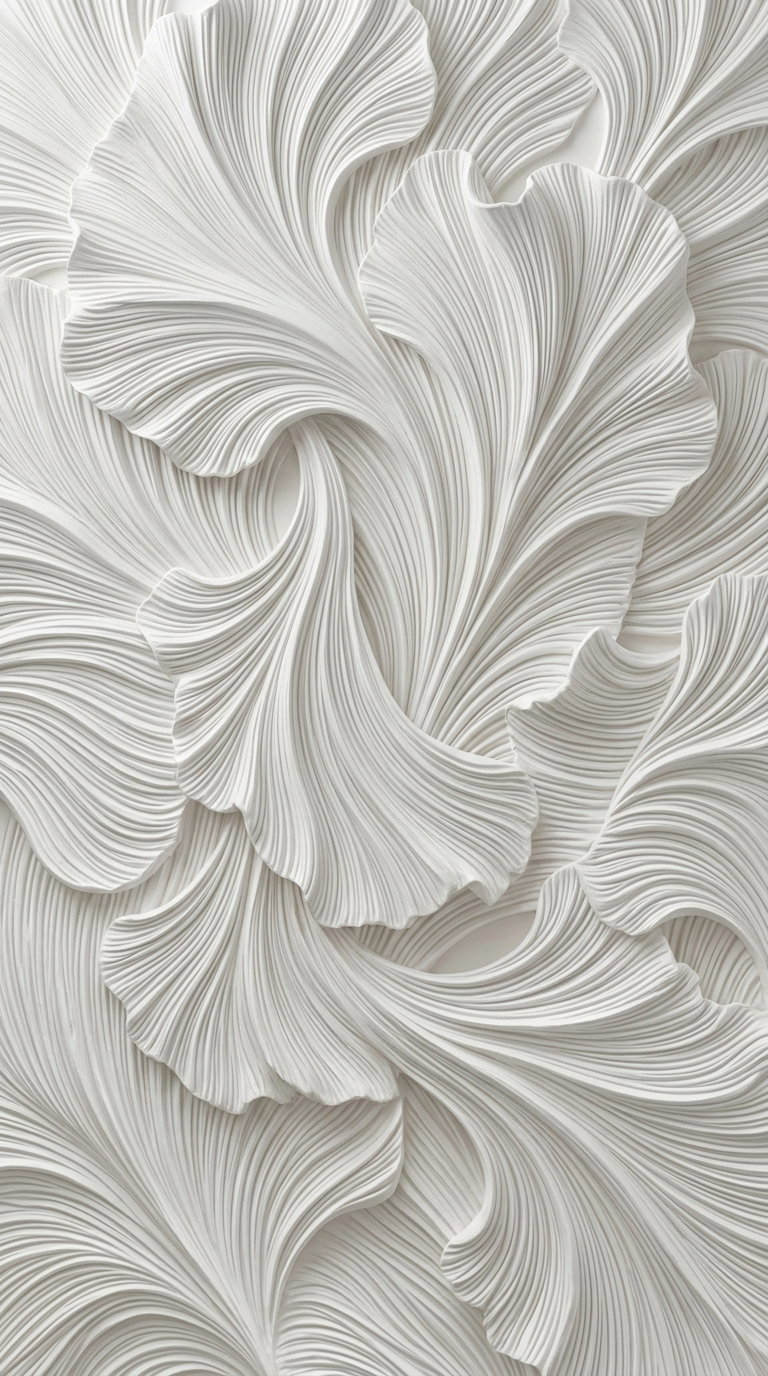 Close-up image of wall art featuring flowing, textured, leaf-like patterns in soft neutral beige tones