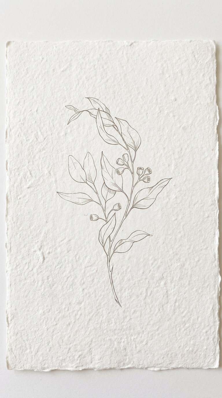 Close-up of a simple line drawing of a botanical branch with leaves and small buds on textured handmade white paper