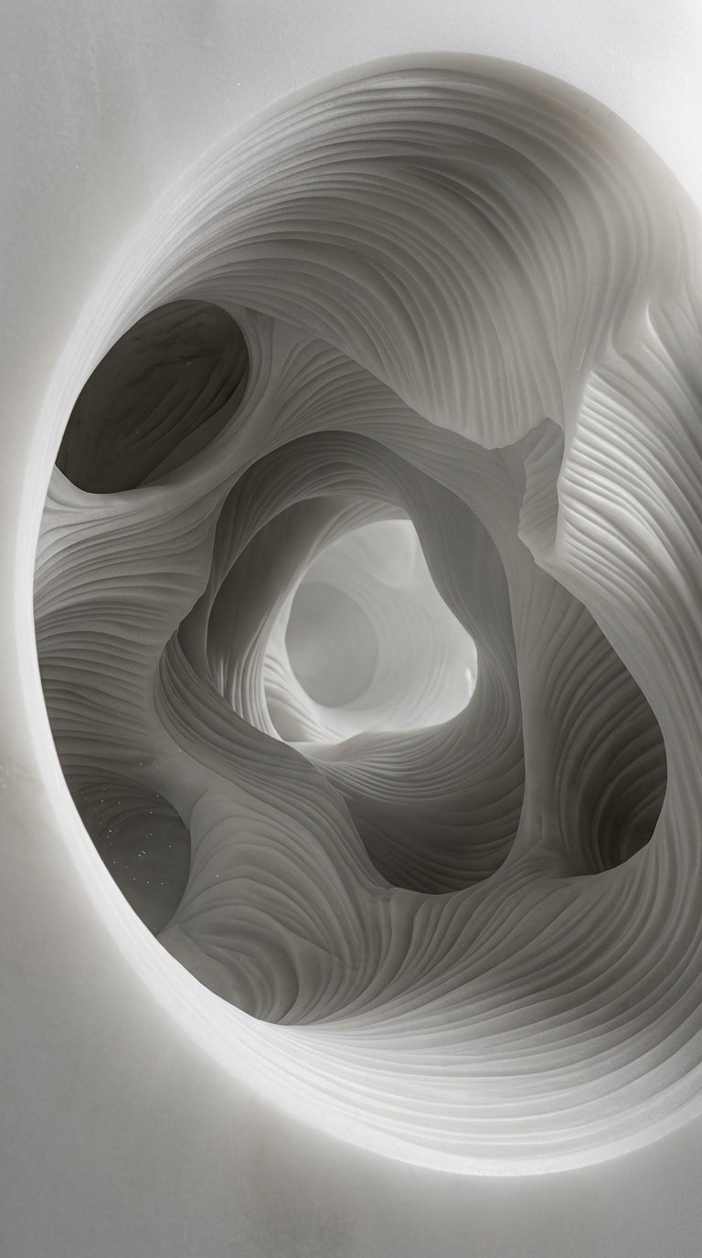 Abstract white sculpture with smooth, flowing layered curves creating a tunnel-like effect
