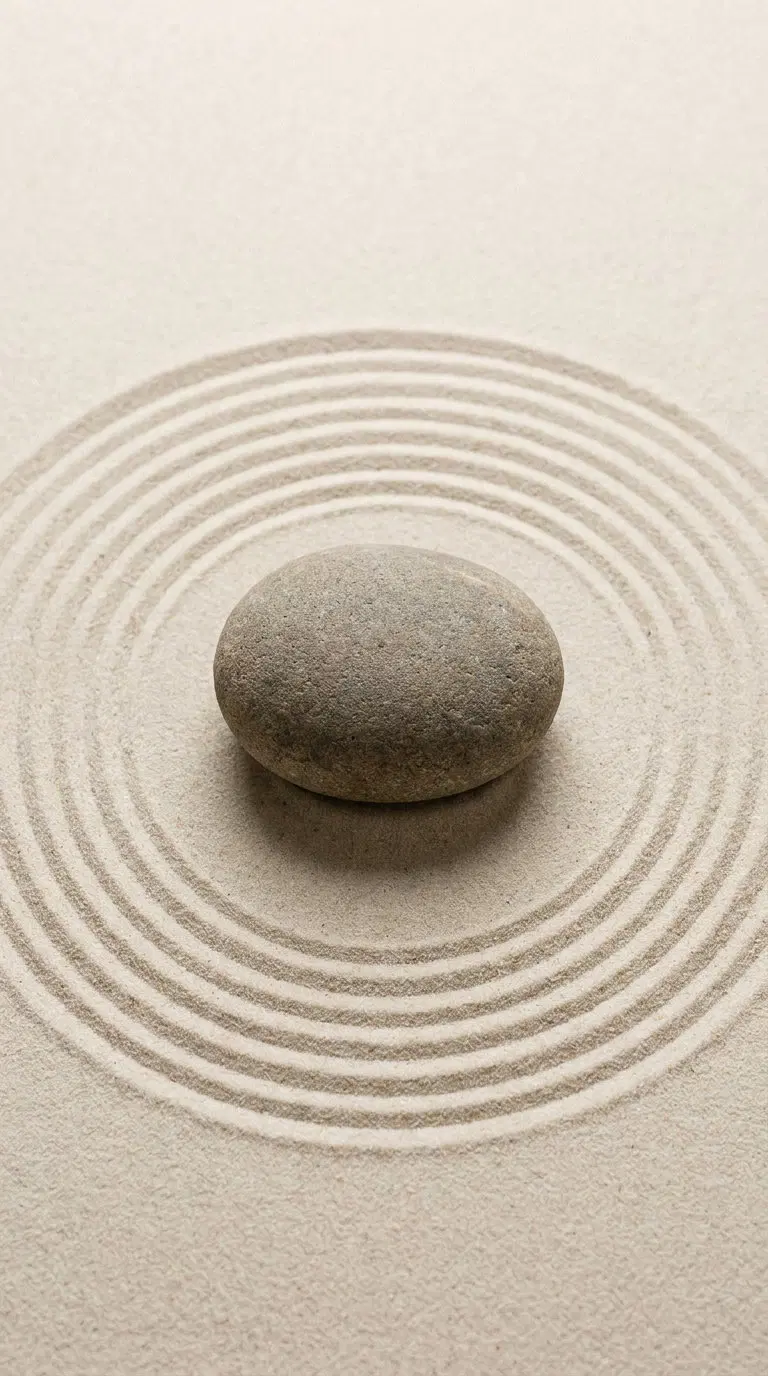 Minimalist art featuring a single stone surrounded by concentric sand circles