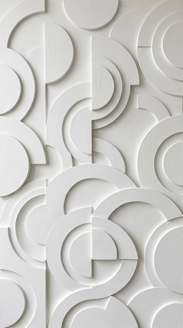 White wall art featuring layered and overlapping circular and semi-circular shapes creating a textured geometric pattern