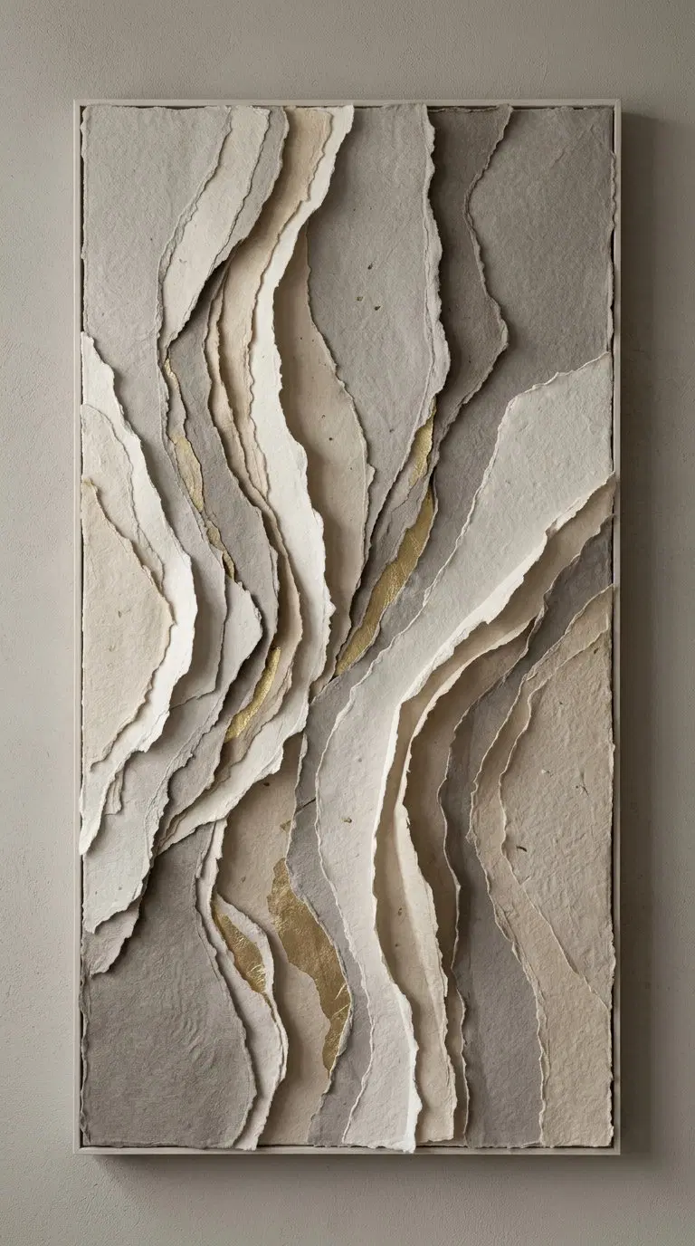 Layered textured paper wall art in neutral and gold tones for calm decor