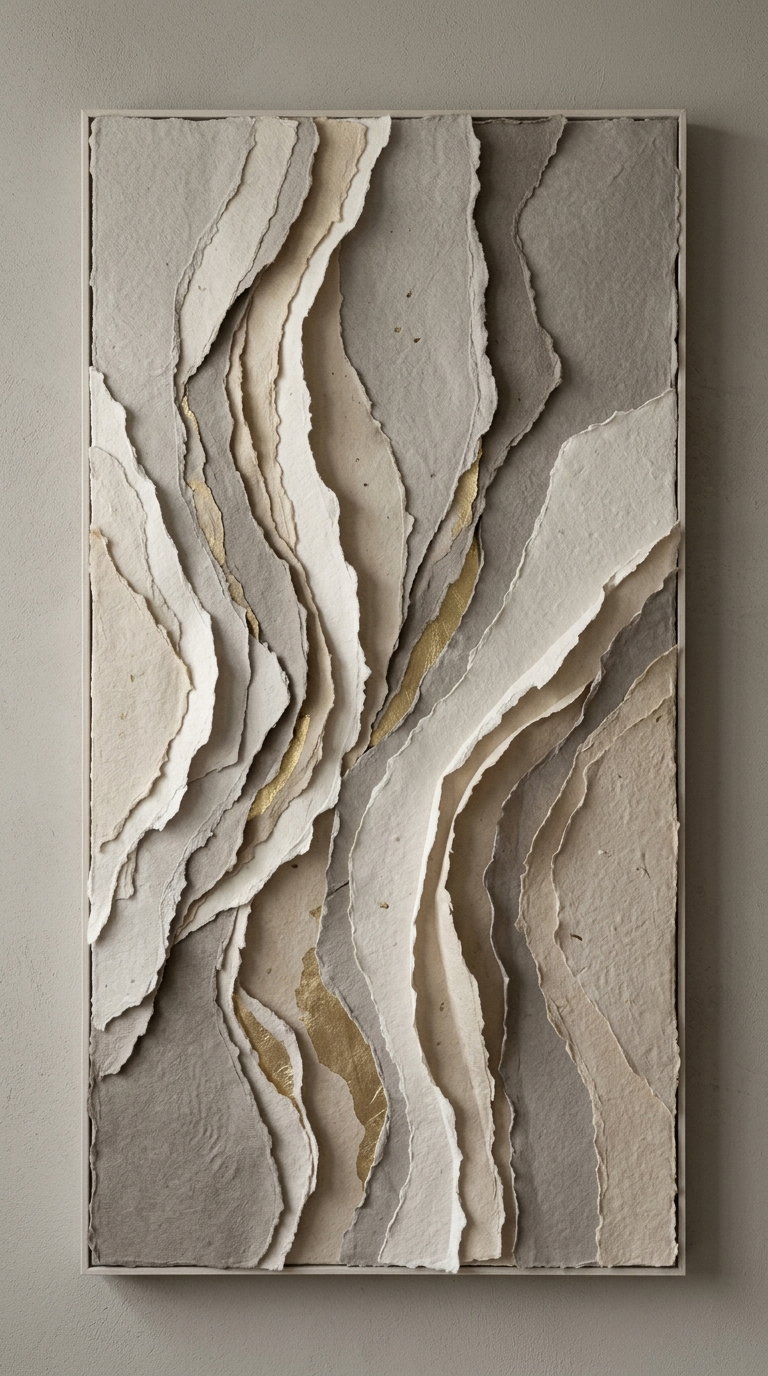 Framed wall art piece featuring layered torn paper in shades of beige, gray, off-white, and gold highlights