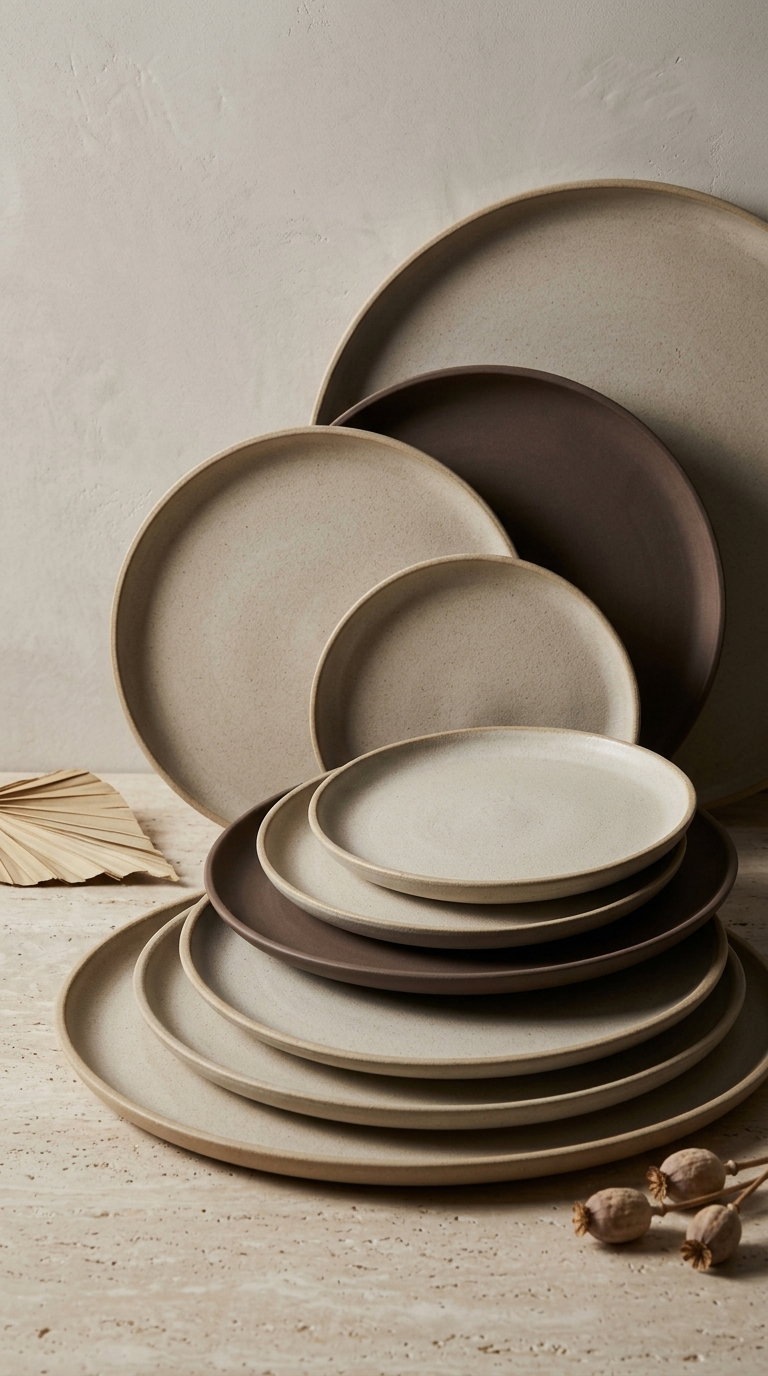 Various sizes of ceramic plates in shades of beige and brown stacked against a matching textured beige background with dried plant decor nearby
