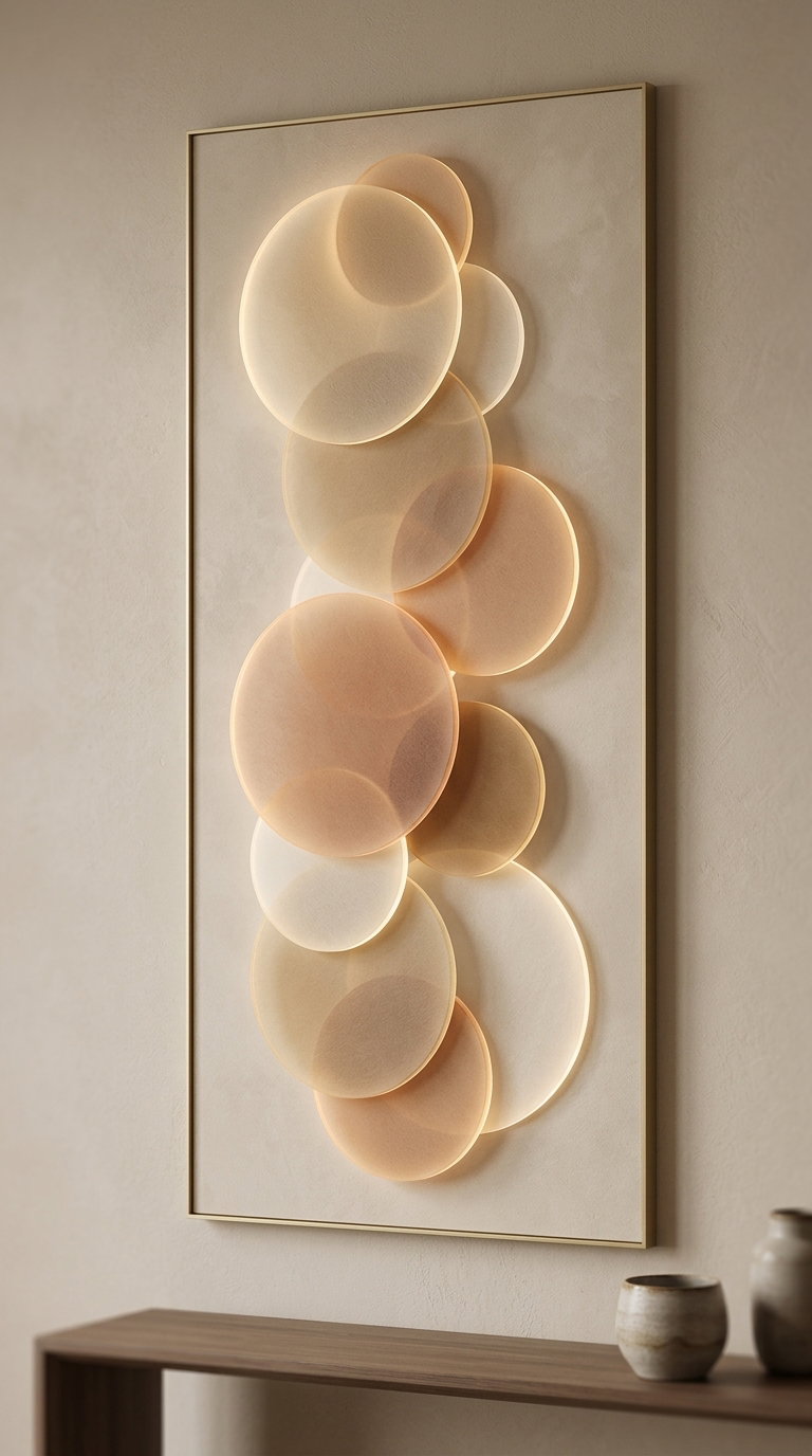 Rectangular wall art featuring overlapping circular forms in soft beige and light brown tones with a glowing effect on a textured neutral wall