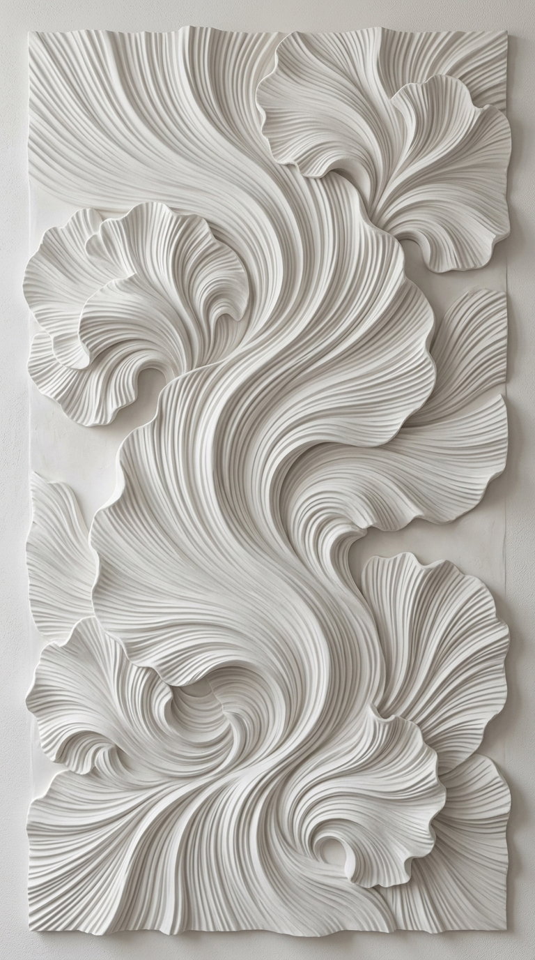 A large wall panel featuring a complex design of flowing, curved, leaf-like shapes in soft, neutral white tones with textured ridges