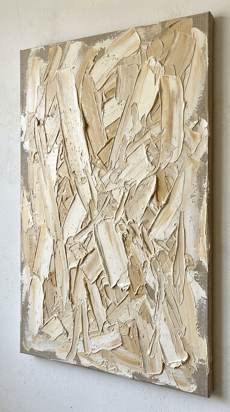 Close-up of an abstract textured painting with thick brush strokes in beige and cream colors on a canvas, hanging on a white wall