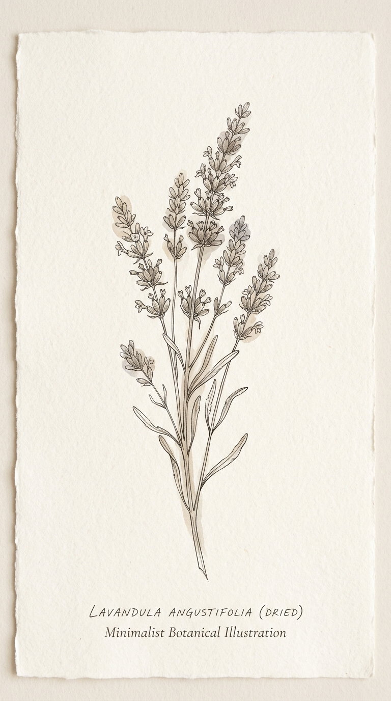 A minimalist botanical illustration of dried Lavandula Angustifolia with fine line art and subtle muted watercolor shades on textured off-white paper