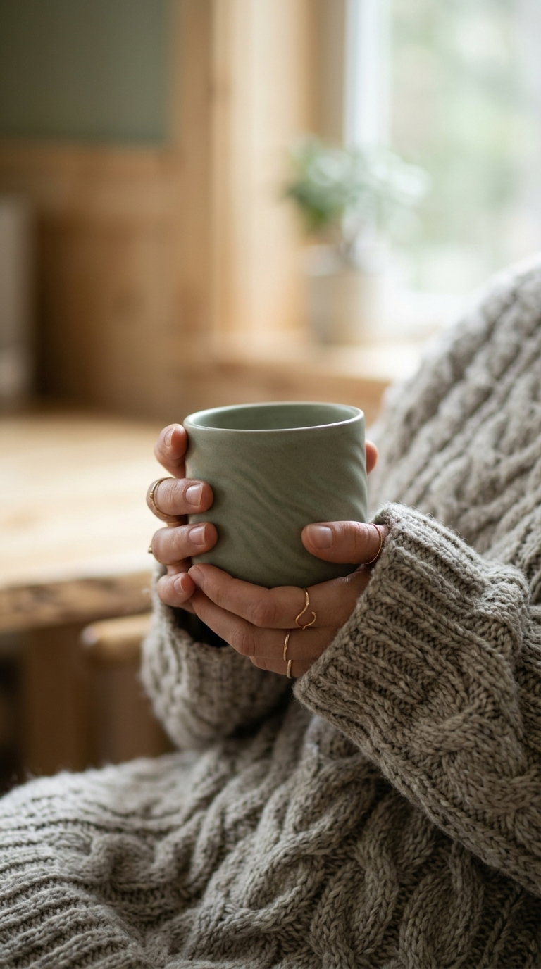 Close-up of hands holding a green ceramic mug, wearing a chunky knit gray sweater, with blurred indoor background