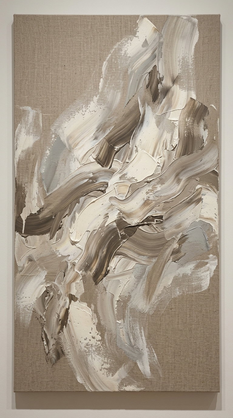 Abstract painting with thick, flowing brushstrokes in shades of beige, cream, and brown on textured neutral linen canvas