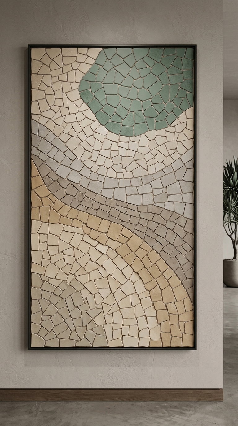 Framed abstract mosaic wall art with beige, gray, cream, and green pieces arranged in flowing patterns, hanging on a textured wall with a plant visible in the background