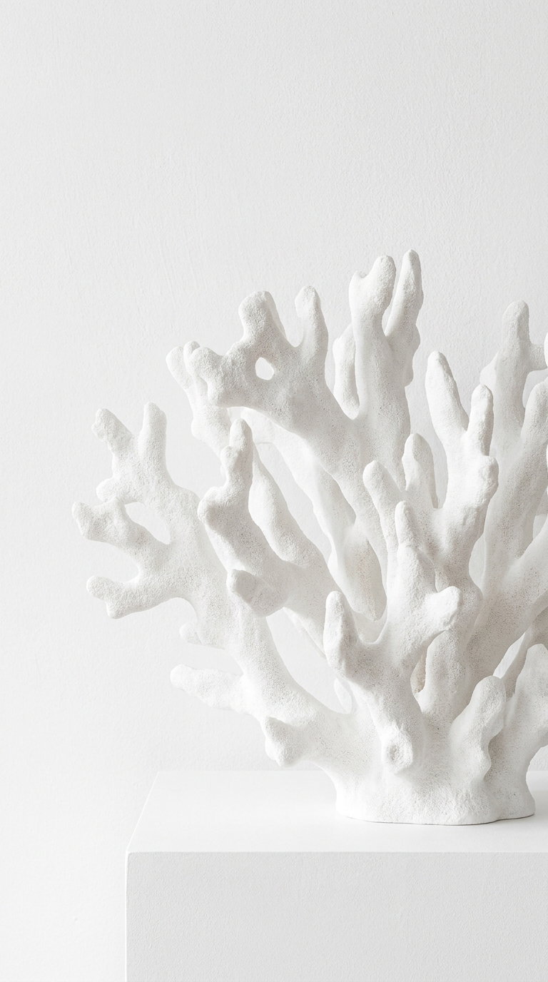 White coral sculpture displayed on a white pedestal against a white background