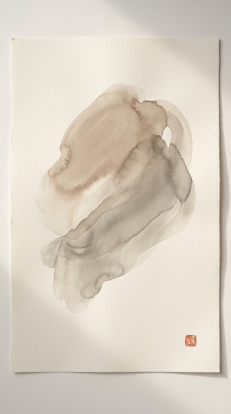 Abstract watercolor painting with two overlapping soft beige and grayish brush strokes on white paper with an orange Asian seal stamp in the lower right corner