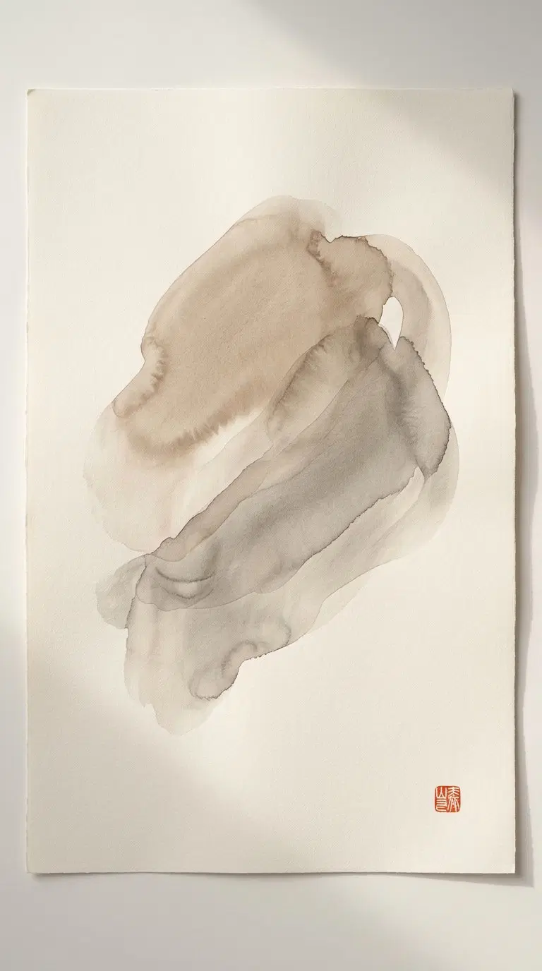 Minimalist abstract watercolor art with soft earth tone brush strokes and Asian seal