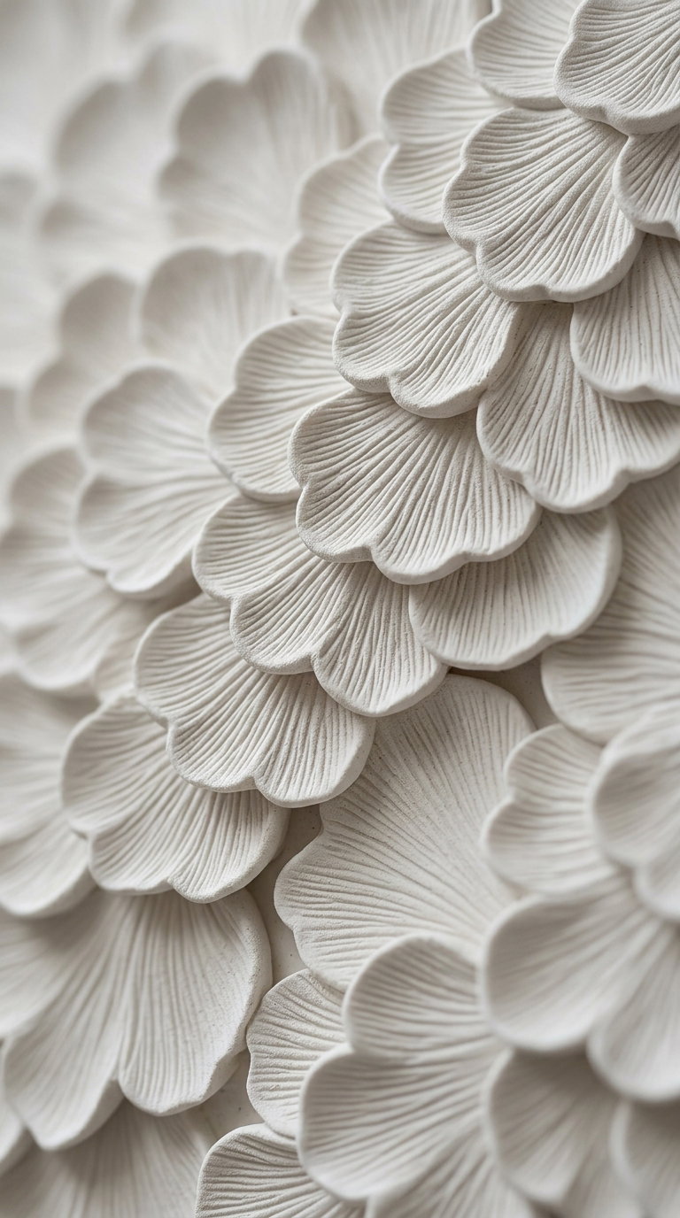Detailed view of overlapping textured shapes resembling flower petals in soft neutral tones