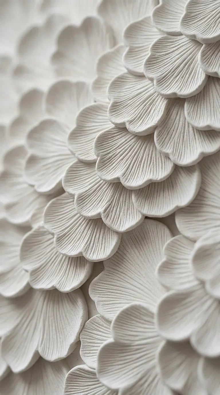 Close-up of layered neutral color textured wall decor resembling petals
