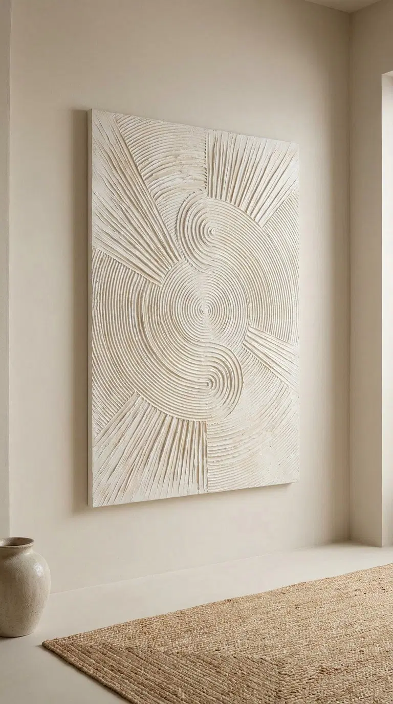 Large neutral tone textured wall art with circular and linear patterns