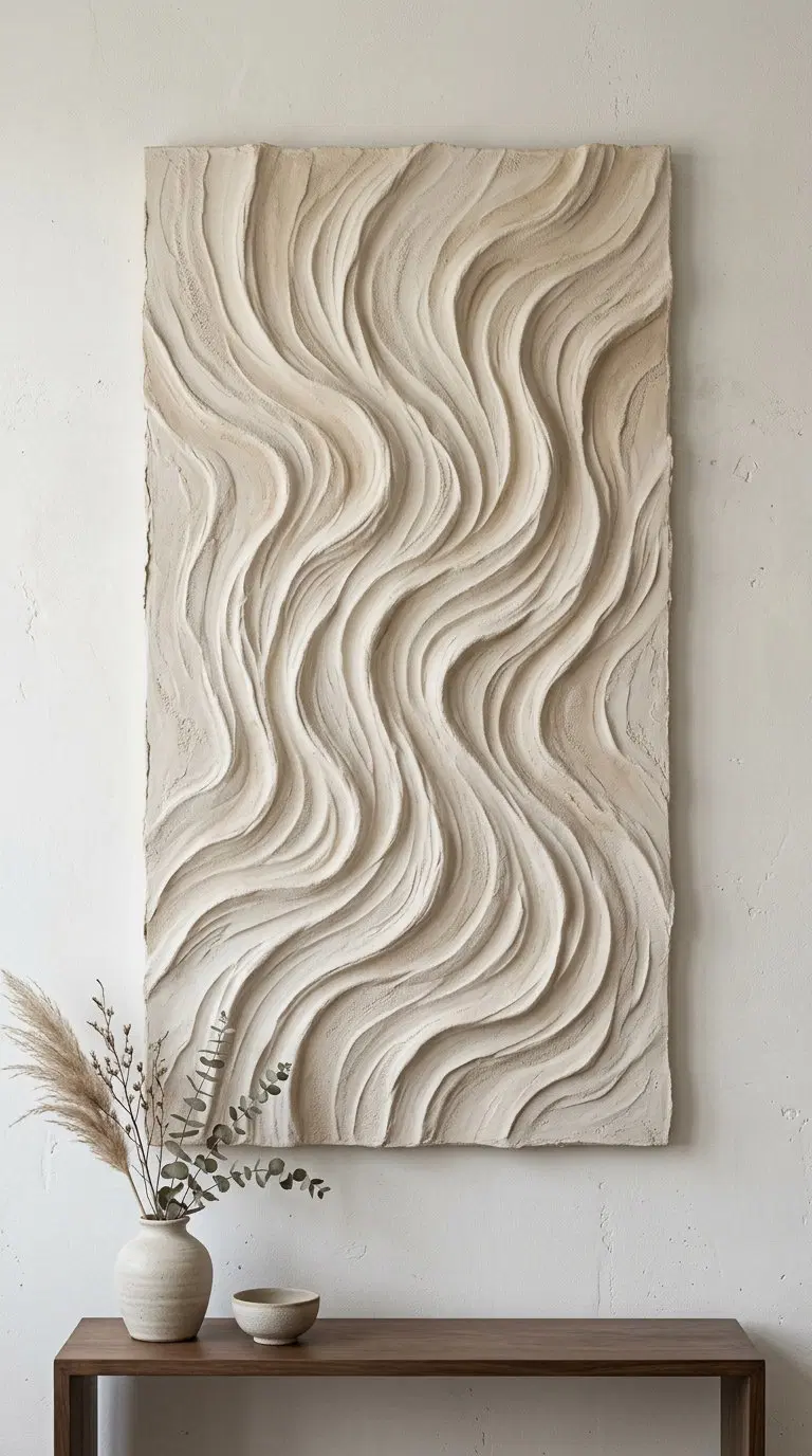 Neutral textured wall art with abstract wave patterns in a minimalist setting