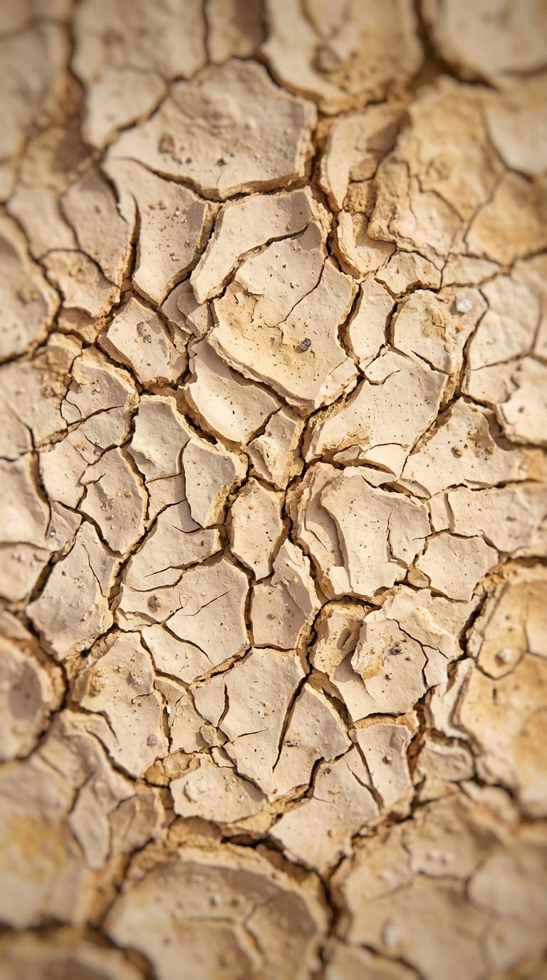 Macro photograph of cracked, dry, beige-colored soil with irregular shapes and shadows