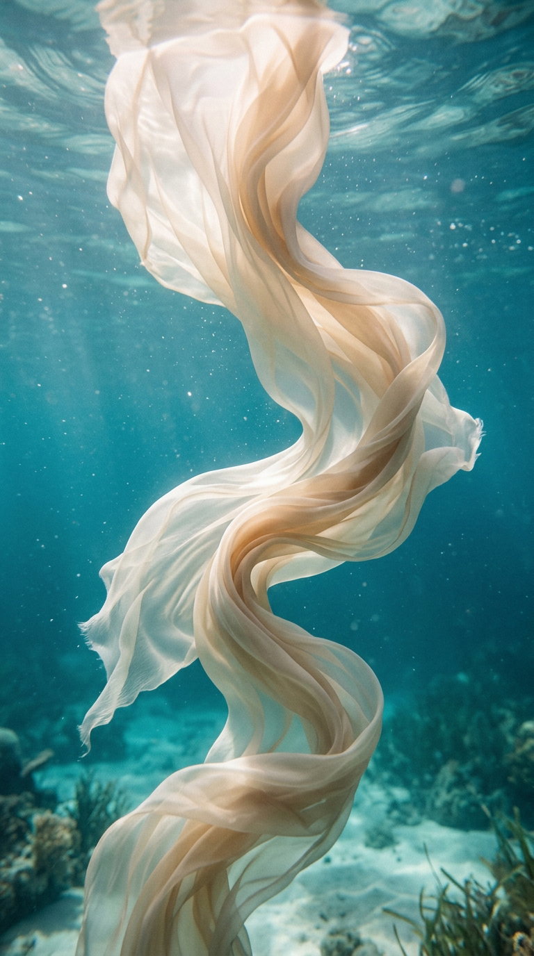 Translucent beige fabric flowing and twisting underwater with light filtering through blue water and blurred ocean floor in background