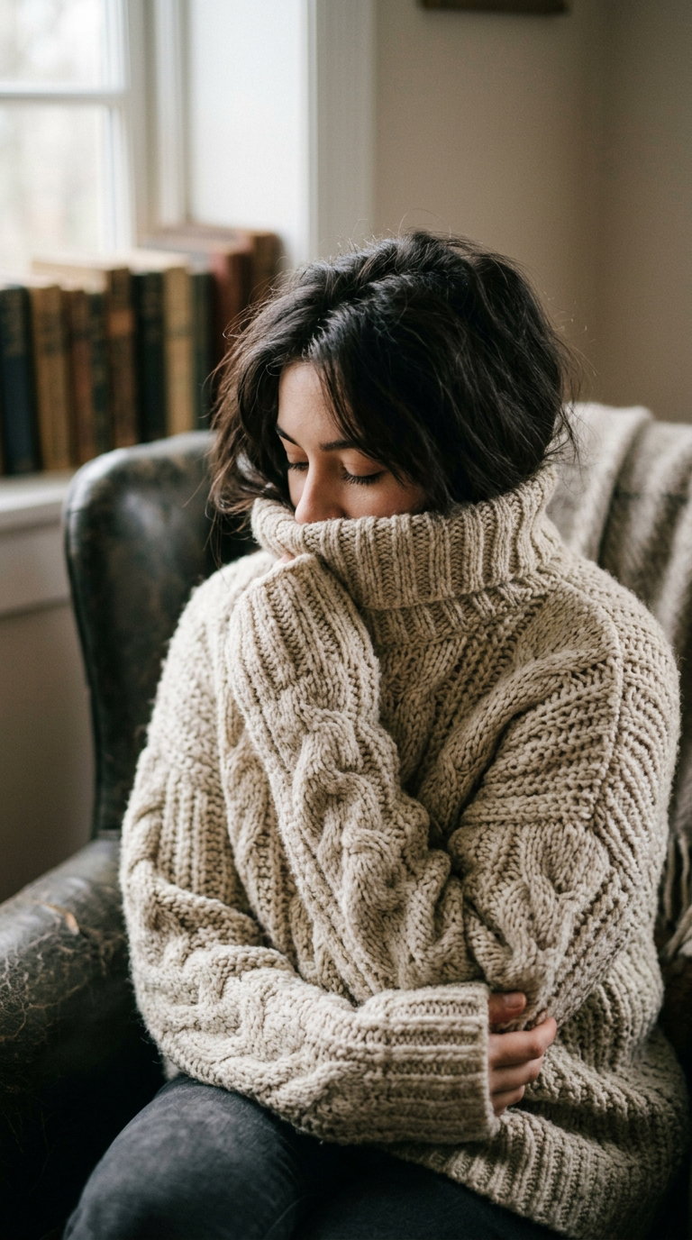 A person in a chunky beige knit sweater sitting on a dark leather chair with books and a window in the background