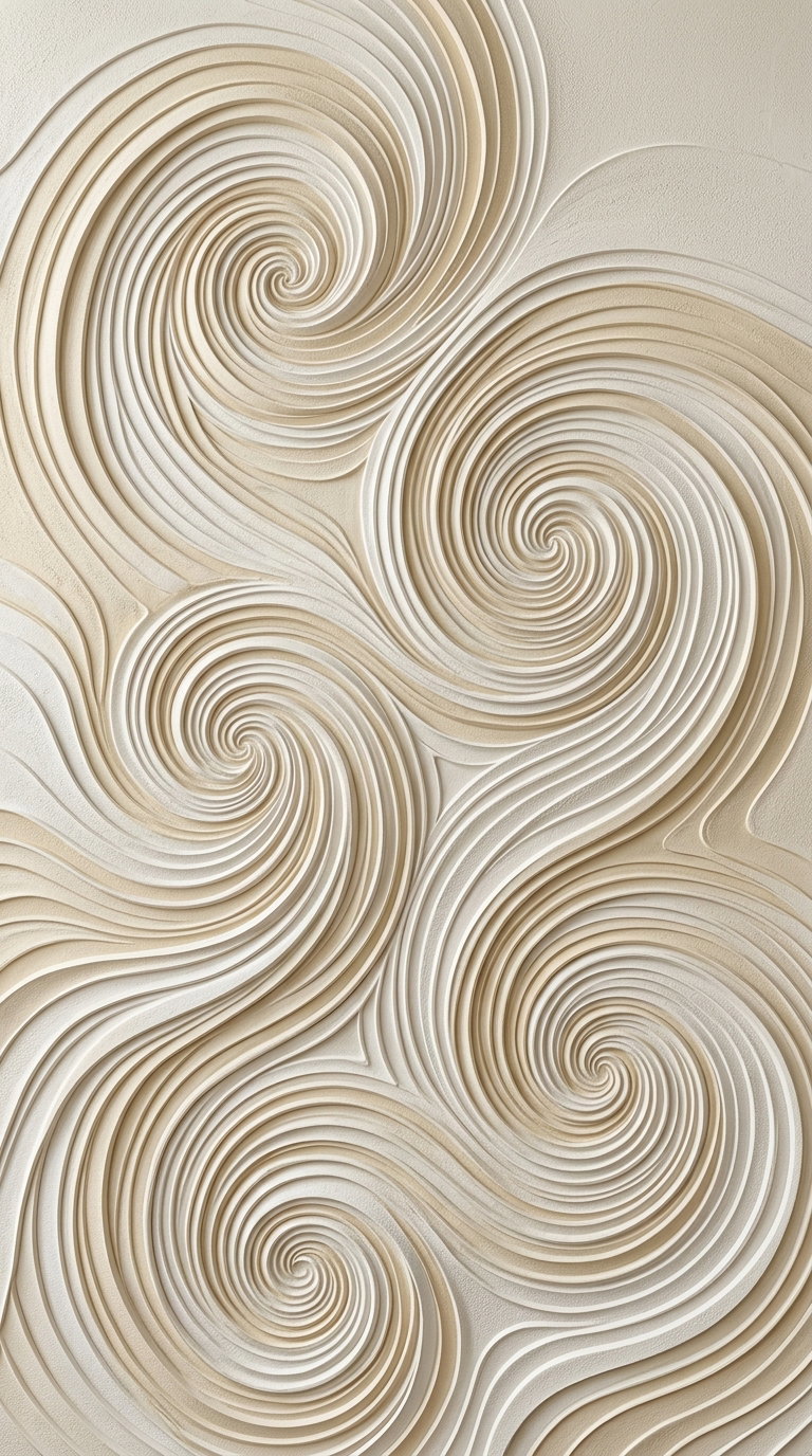 Close-up of a textured wall art featuring repeating spiral swirl patterns in beige and cream shades