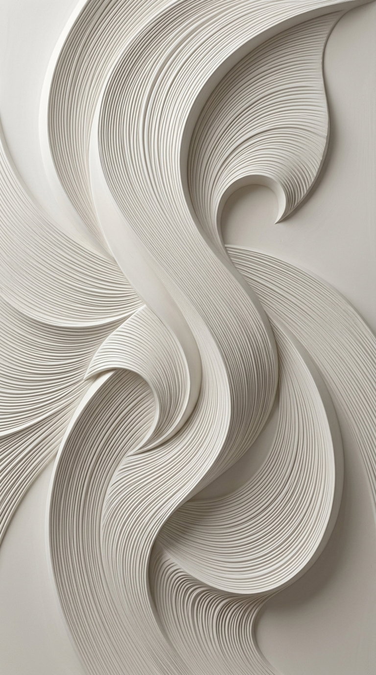 A textured abstract wall art sculpture featuring flowing curved lines and grooves in a monochromatic beige or off-white color palette.