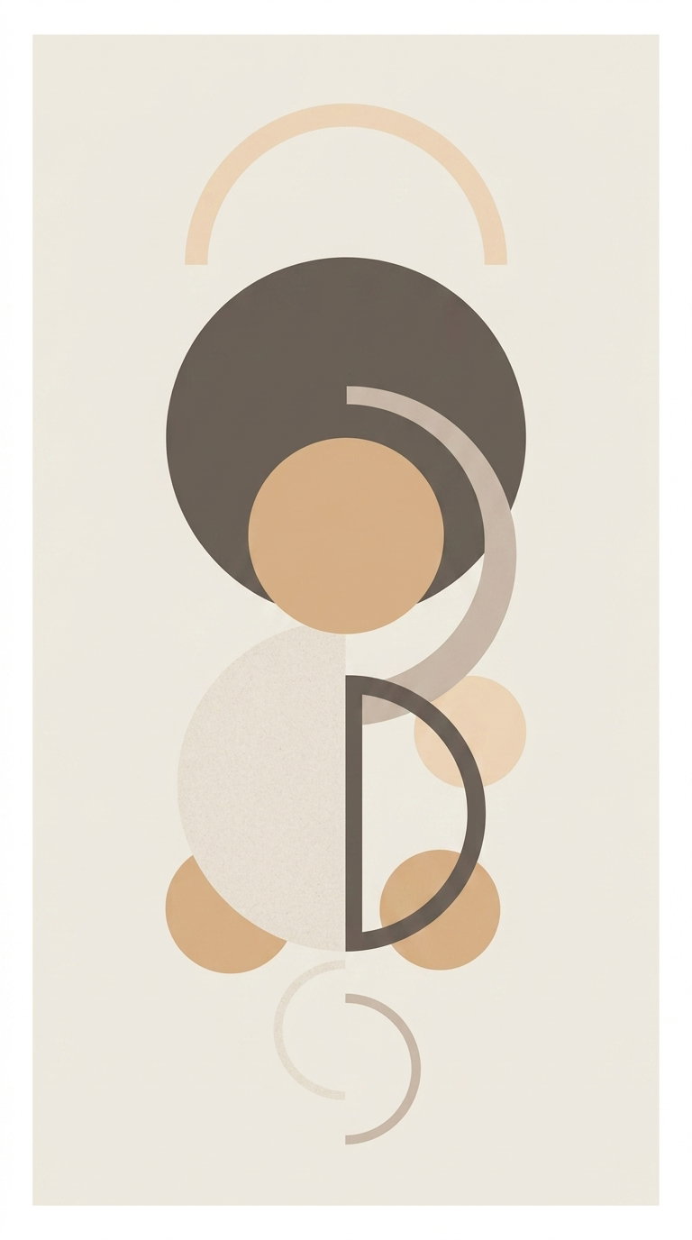 Abstract geometric shapes including circles and semicircles in beige, light brown, and dark gray on a light background