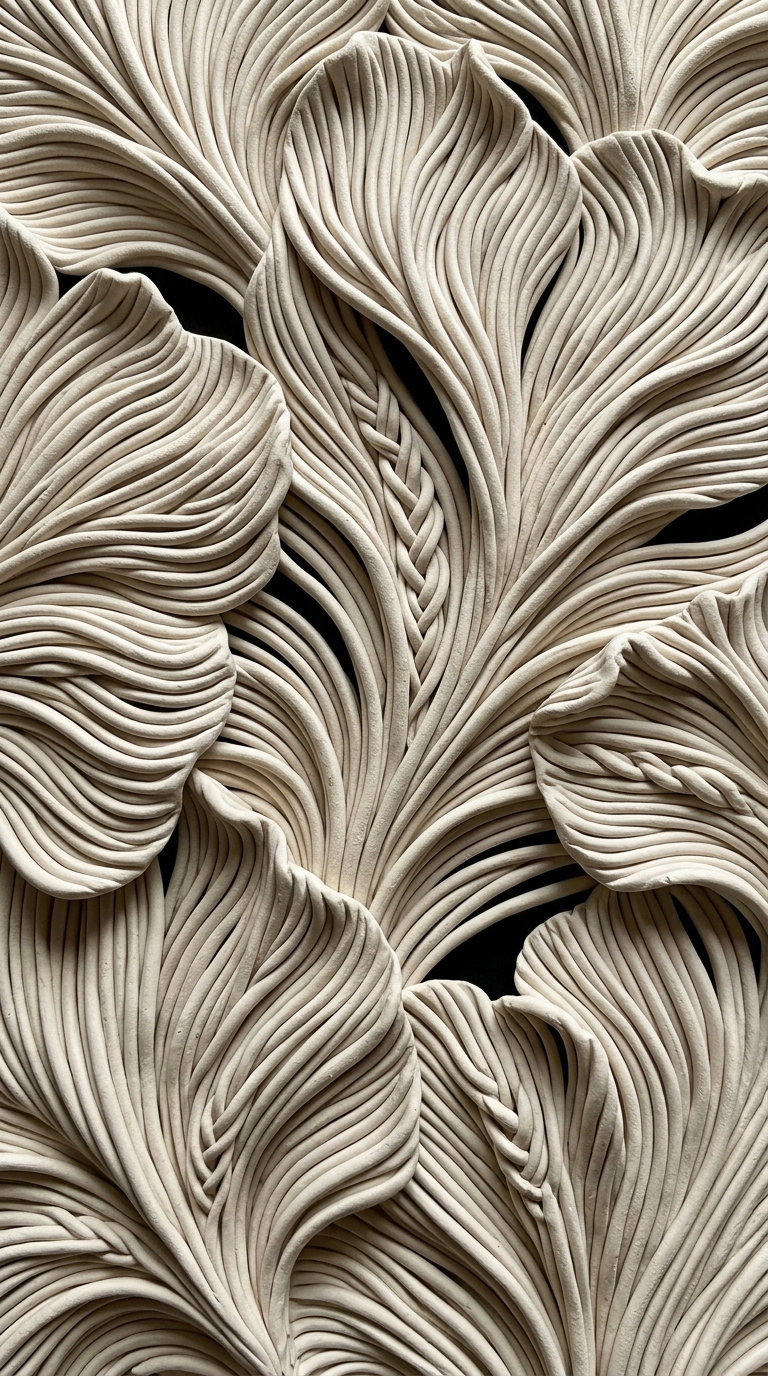 Close-up of beige sculptural wall art with repeated flowing organic, leaf-like shapes and soft shadows