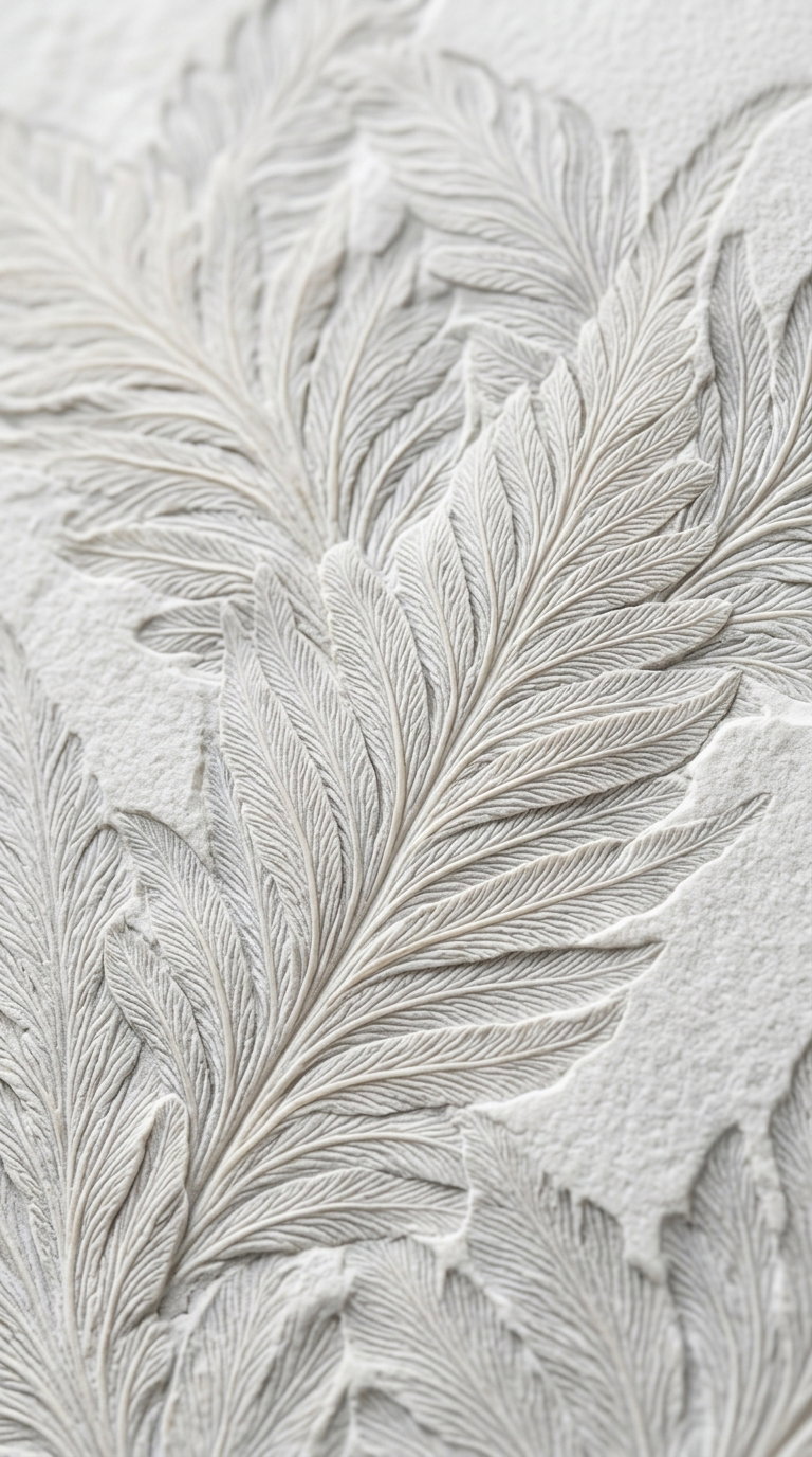 Close-up image of white botanical artwork with detailed textured leaf patterns