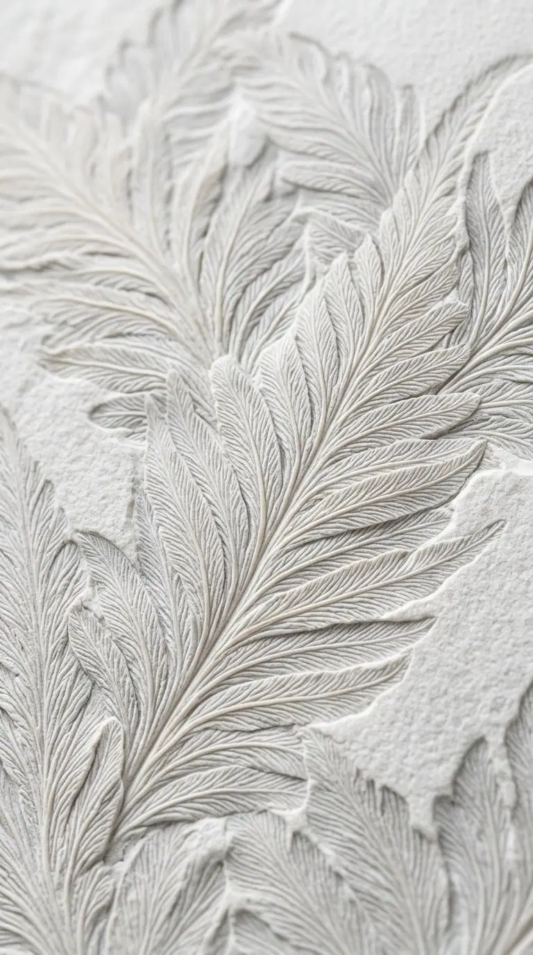 Detailed close up of intricate white botanical leaf art texture