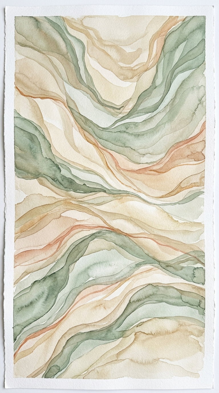 Abstract watercolor painting featuring flowing, layered shapes in soft earth tones of green, beige, and light brown on textured paper