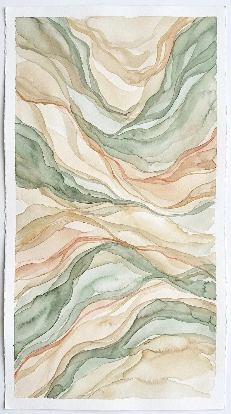 Abstract watercolor with flowing earth tones in soft green and beige
