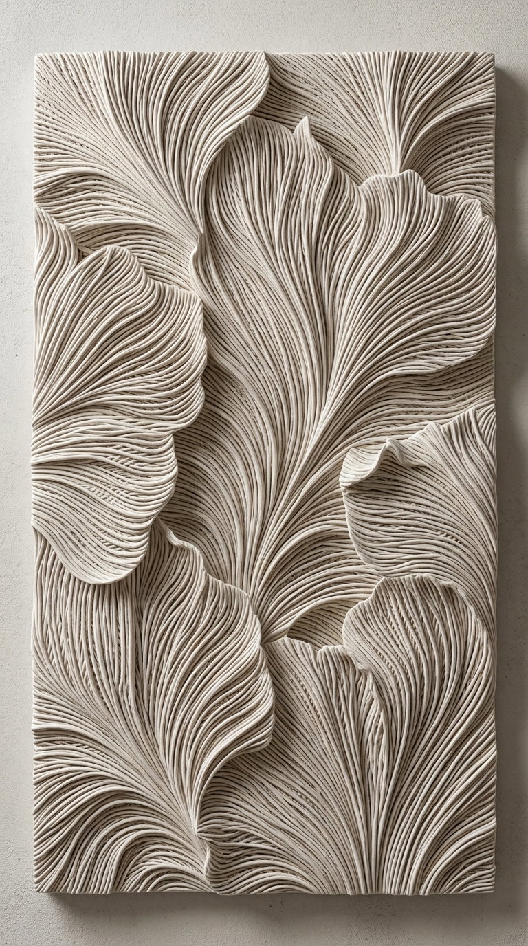 A detailed relief sculpture featuring large, flowing leaves with fine linear textures in a neutral beige color, mounted on a wall.
