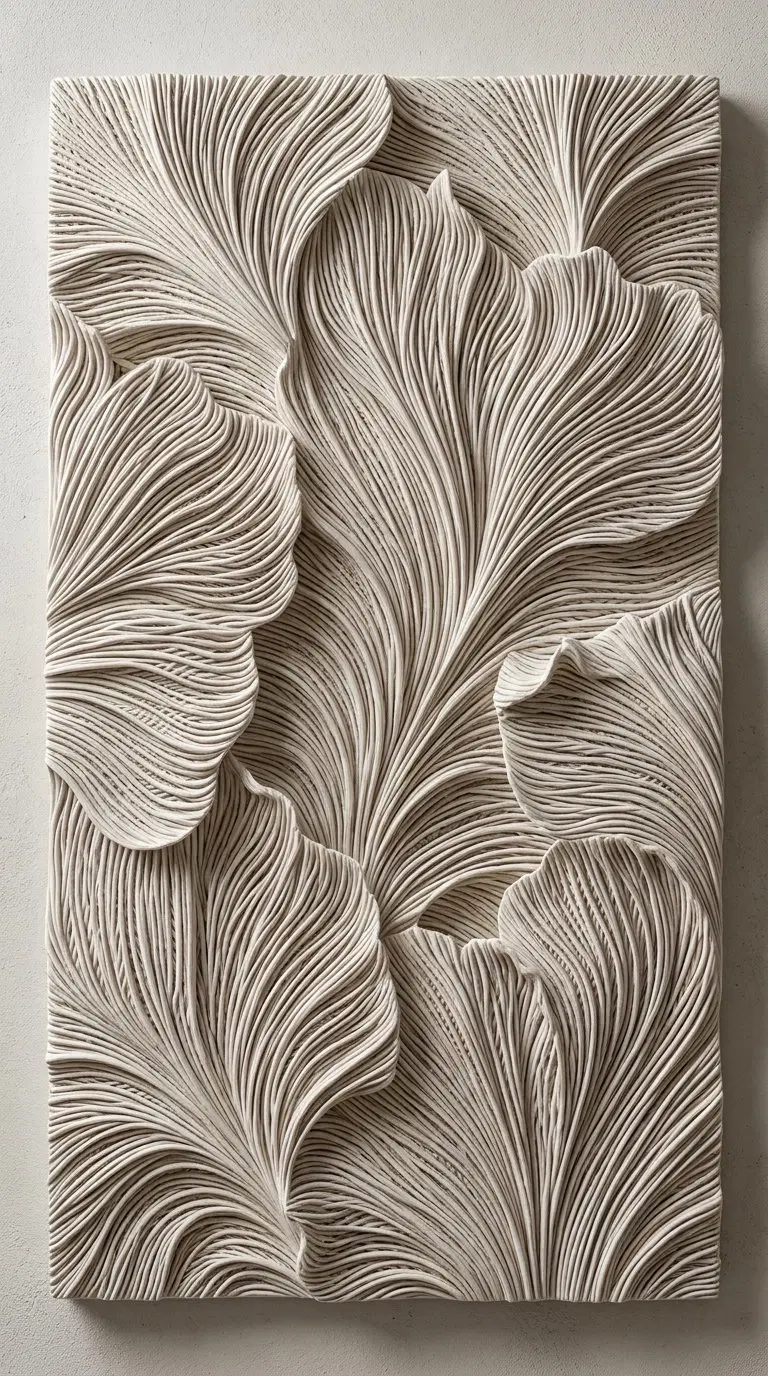 Elegant textured botanical wall art with intricate leaf patterns in neutral tones