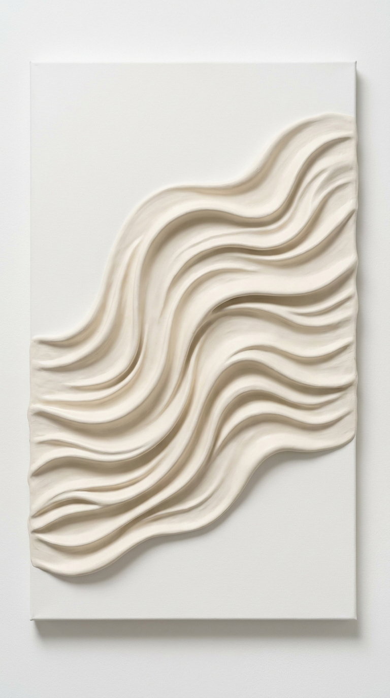 Canvas art featuring smooth, flowing, raised wave patterns in neutral beige tones on a white background