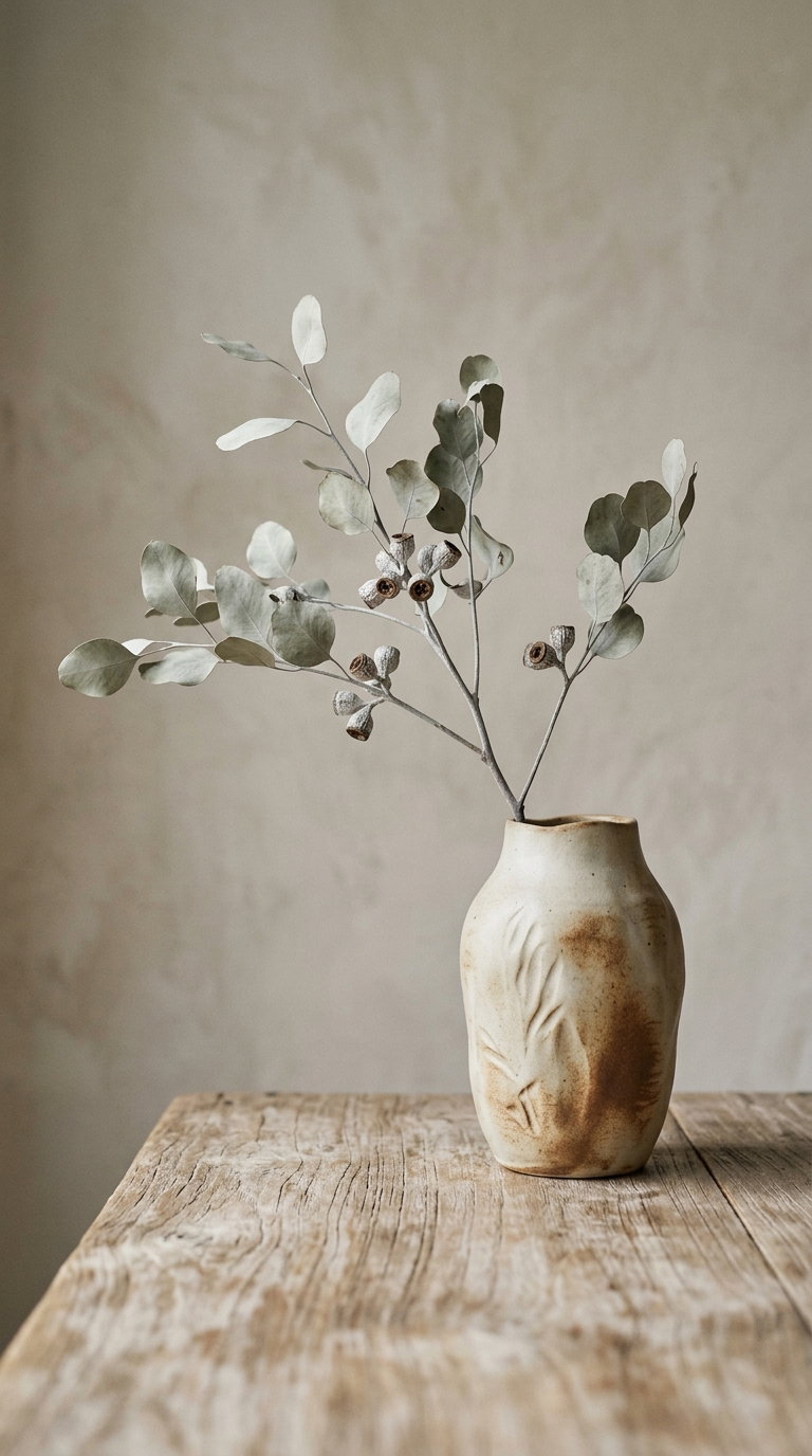 Dried branches with round leaves and seed pods arranged in a beige rustic ceramic vase on a textured wooden surface with a neutral background