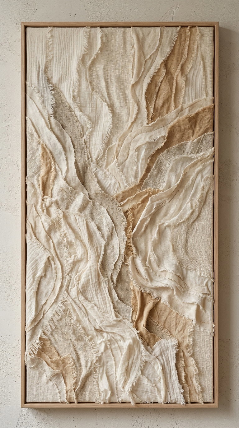 Framed wall art featuring layers of neutral-toned beige, cream, and white fabric with frayed edges arranged in flowing abstract patterns