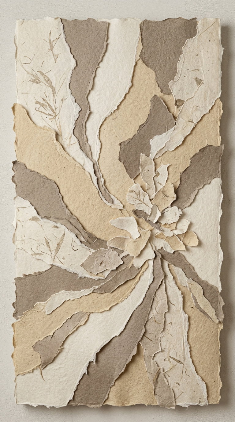 A collage artwork made from torn textured paper in beige, cream, and light brown shades with embedded natural fibers and leaf imprints