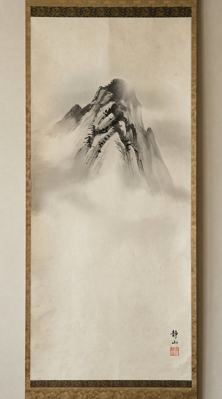 Scroll painting featuring ink wash art of a mountain emerging from mist, framed with a decorative border