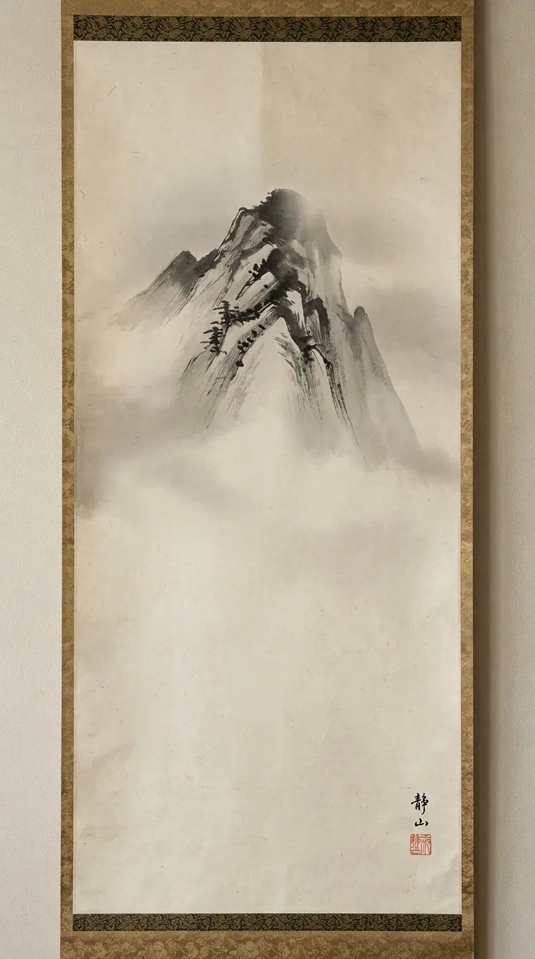 Traditional Asian ink wash painting of misty mountains on hanging scroll