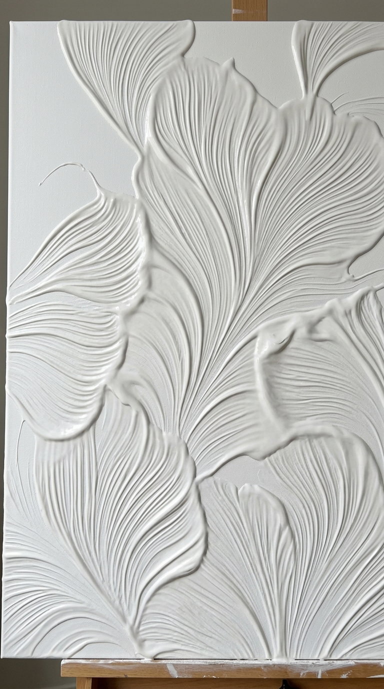 White canvas with large abstract floral patterns created using textured paint, showing flowing lines and raised details