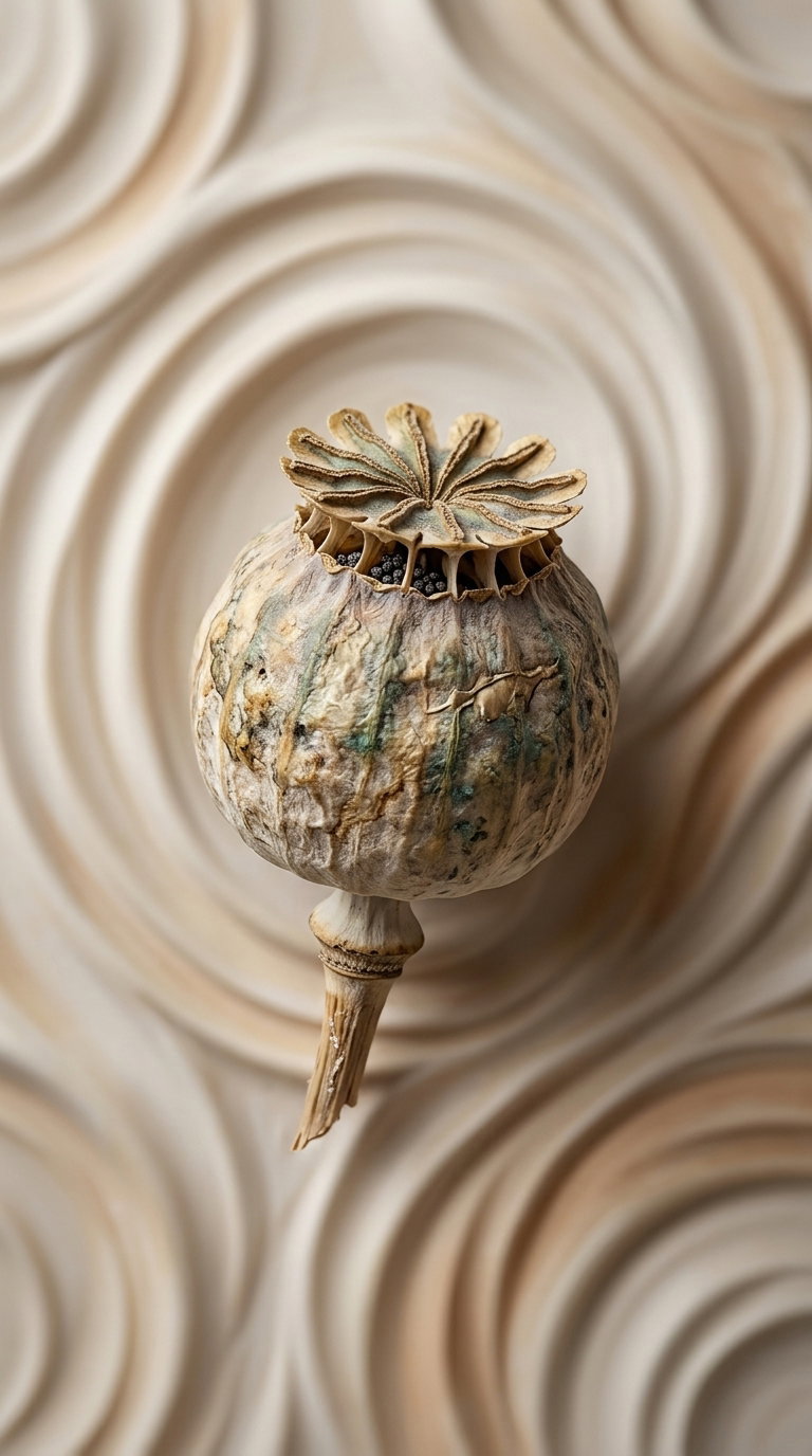 A dried poppy seed pod with intricate textures and patterns set against a wavy beige and cream circular textured background