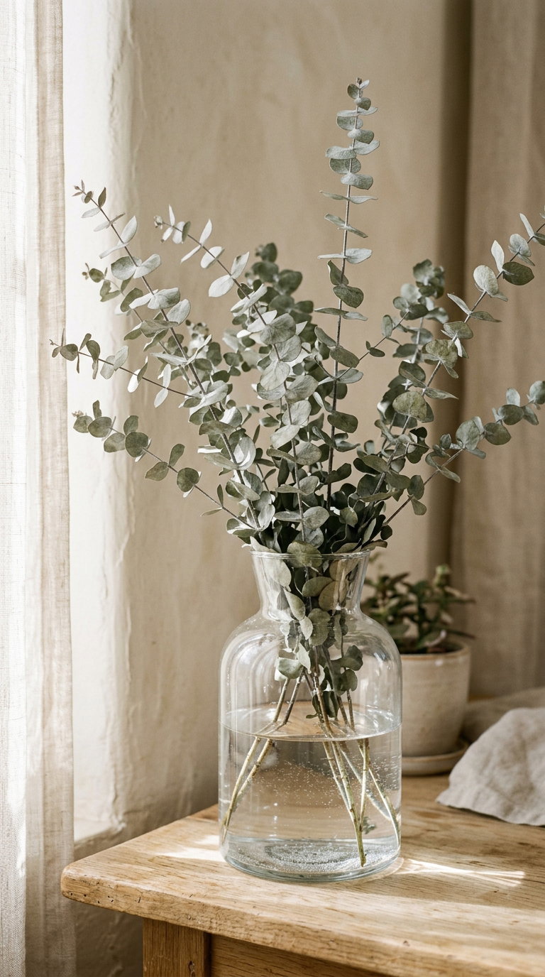 A clear glass vase with several stems of eucalyptus leaves placed in water on a wooden table near a textured beige wall and a curtain.