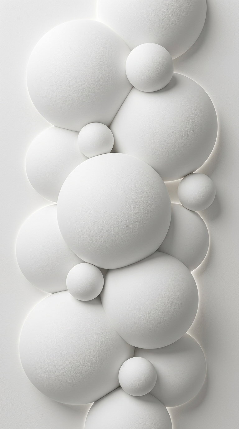 Close-up view of overlapping white spherical shapes with textured surfaces arranged in a vertical pattern on a light background