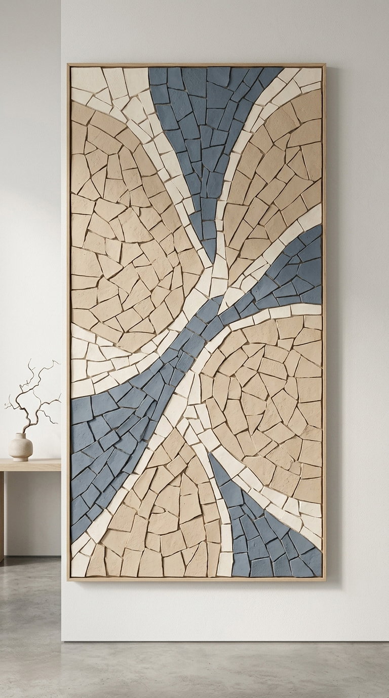 Large rectangular framed mosaic wall art with irregular beige, cream, and blue stone pieces arranged in flowing geometric patterns, hanging on a white wall with a small shelf and vase with dried branch nearby