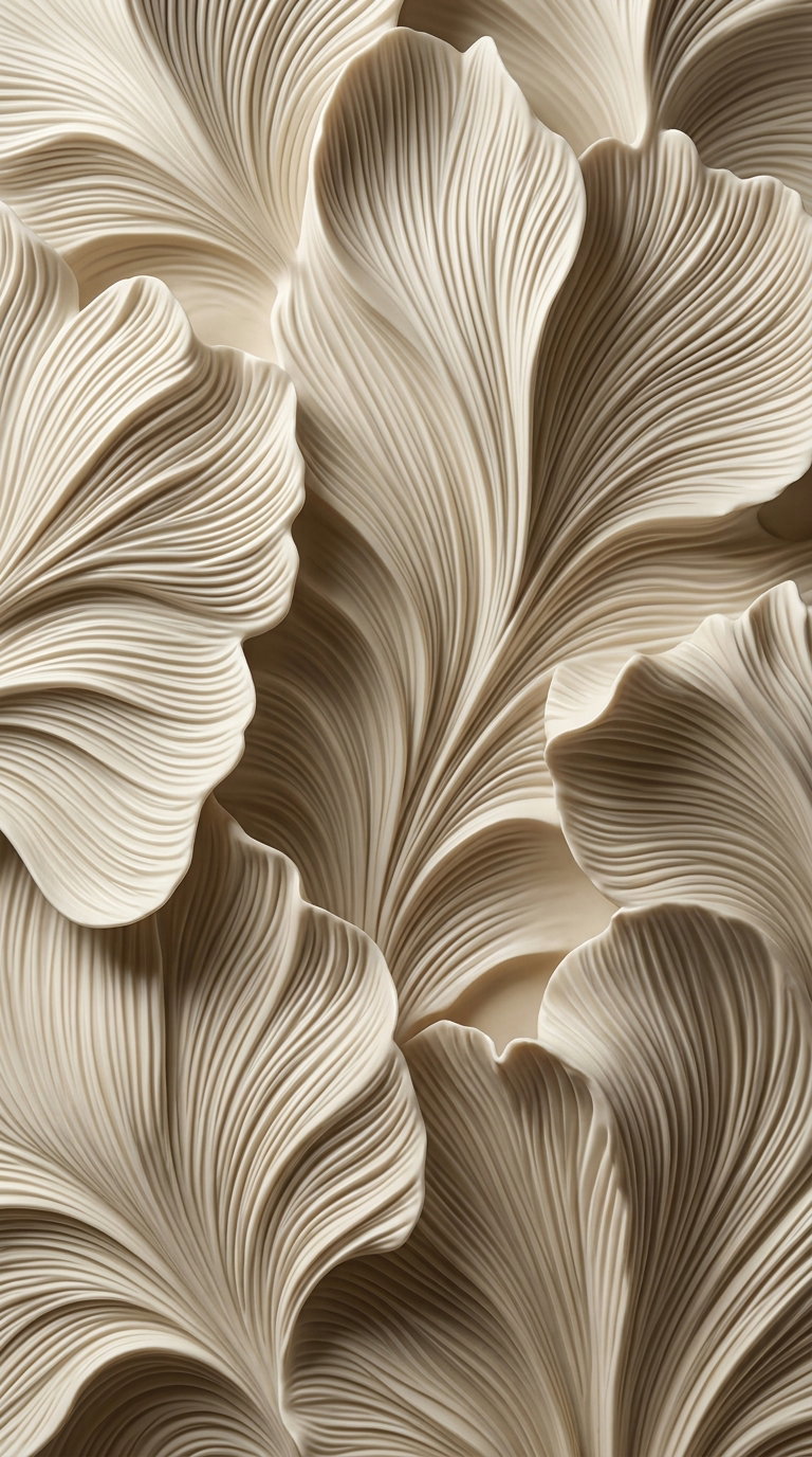 Abstract image showing overlapping, soft neutral-toned shapes resembling large flower petals with detailed curved lines